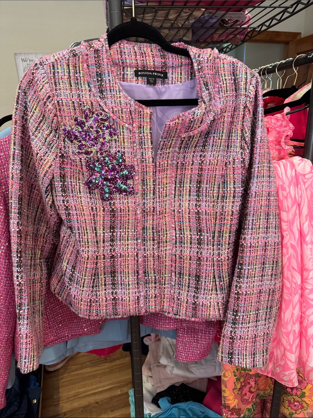 Lilly Pulitzer Pink Multicolor Tweed Cropped Blazer with Sequin Floral Appliqués